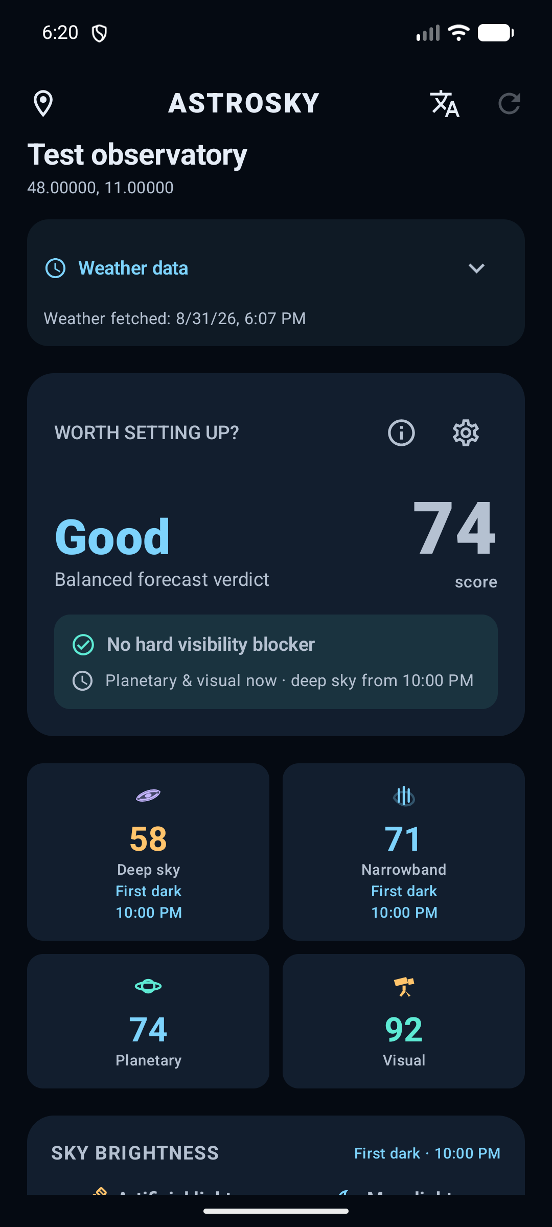 AstroSky forecast for a test observatory: a Good balanced verdict and four observing-mode scores.